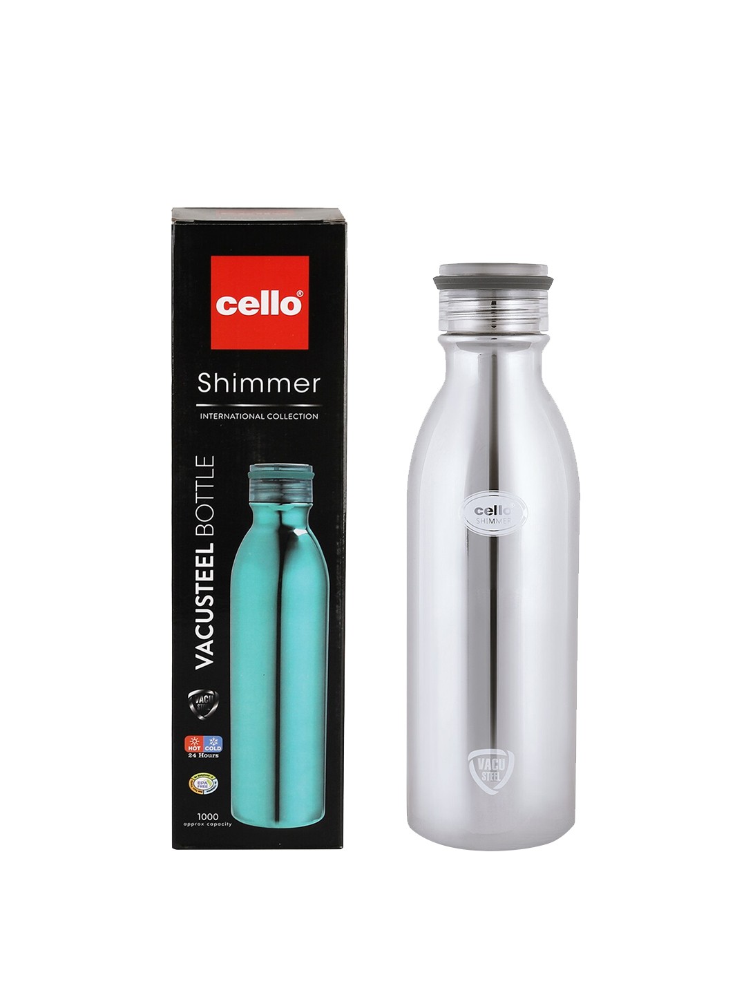 

Cello Shimmer Stainless Steel Double Walled Water Bottle, Hot and Cold, 750ml, Silver