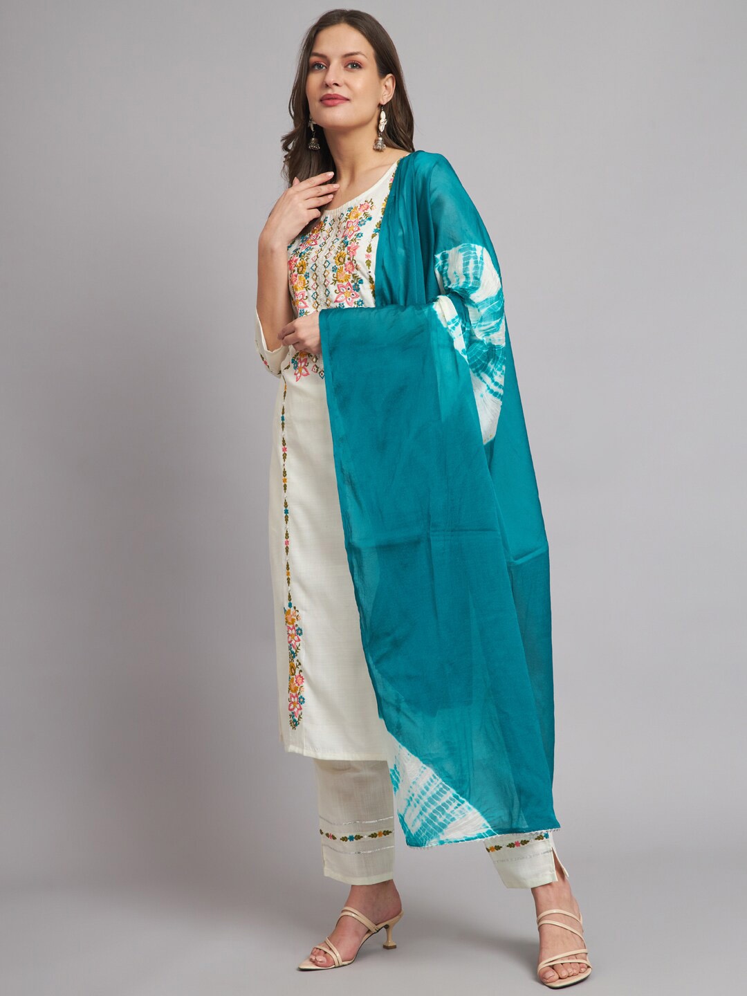

KALINI Floral Embroidered Round Neck Kurta with Trousers & Dupatta, White