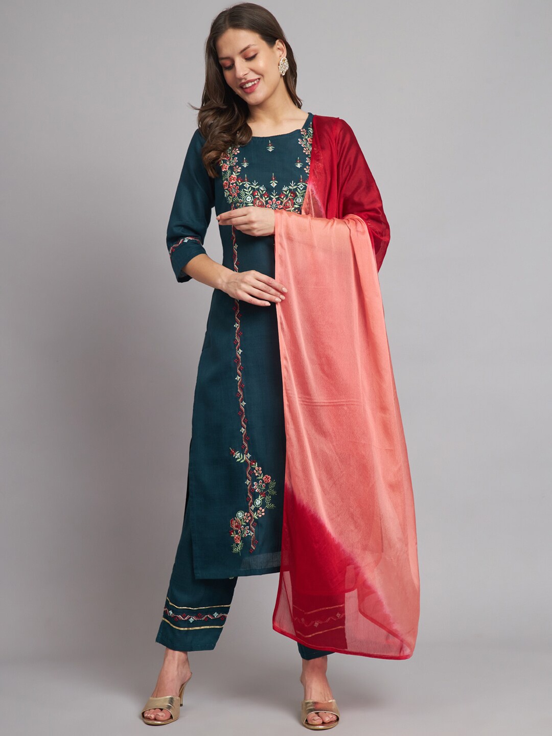 

KALINI Floral Embroidered Round neck Kurta with Trousers & Dupatta, Teal