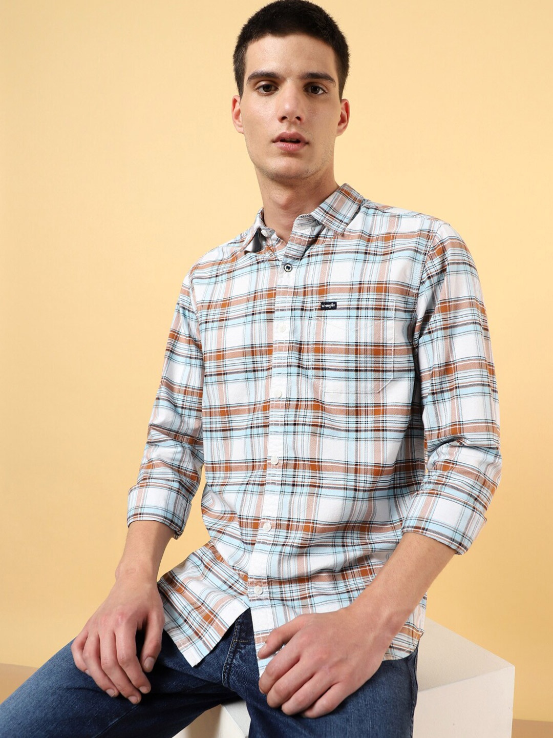 

Wrangler Tartan Checked Spread Collar Opaque Cotton Casual Shirt, White