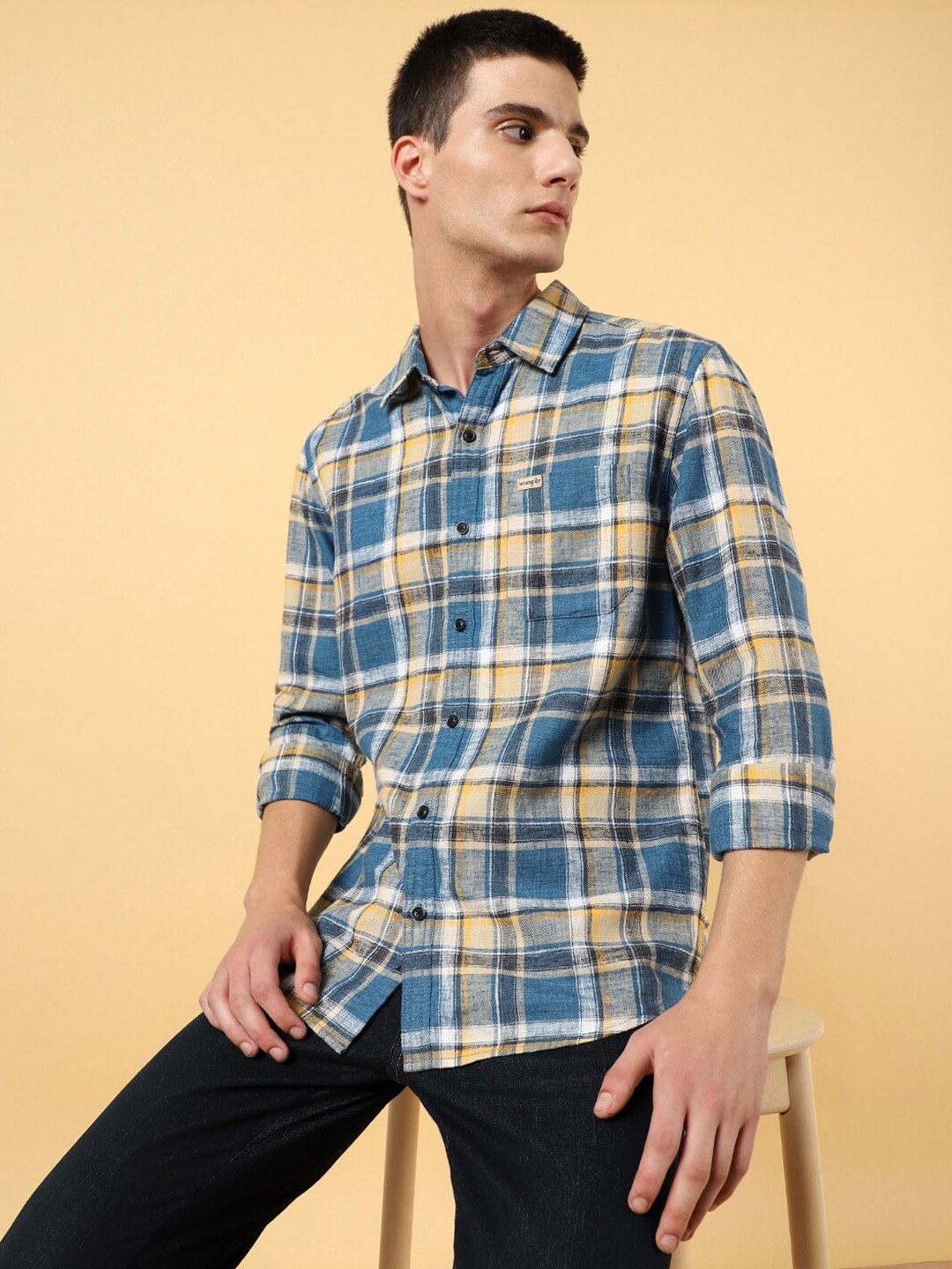 

Wrangler Tartan Checked Spread Collar Opaque Cotton Casual Shirt, Blue
