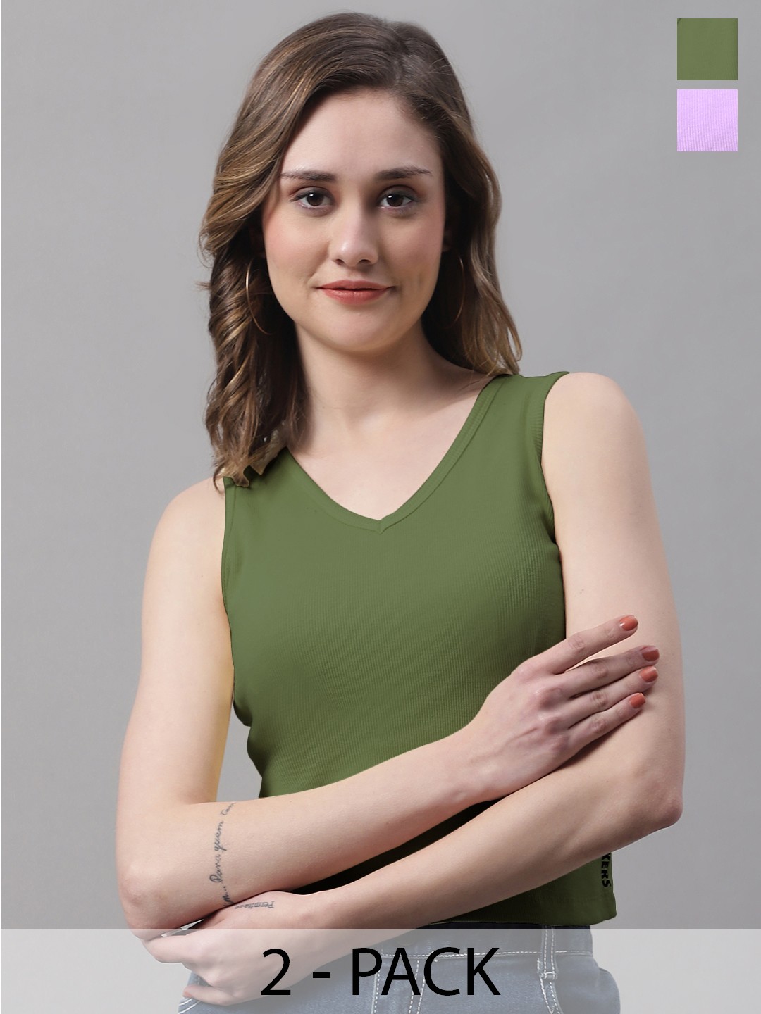 

FBAR Pack Of 2 Ribbed V-Neck Sleeveless Fitted Cotton Top, Purple