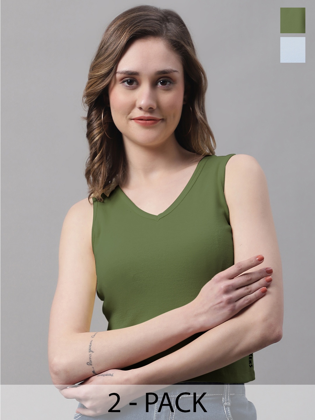 

FBAR Pack Of 2 Ribbed V-Neck Sleeveless Fitted Cotton Top, Turquoise blue