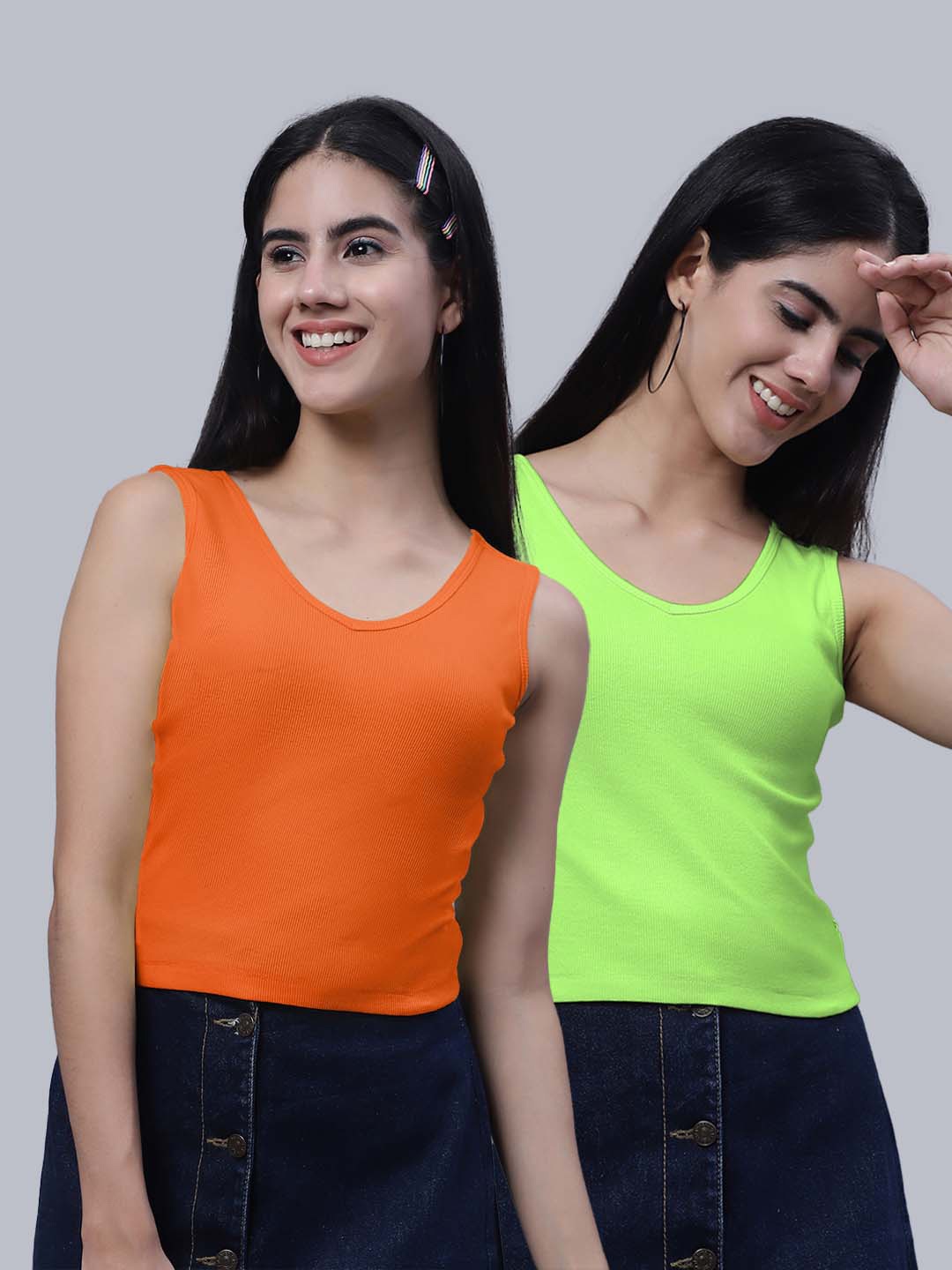 

FBAR Pack Of 2 Scoop Neck Sleeveless Ribbed Cotton Crop Tops, Orange