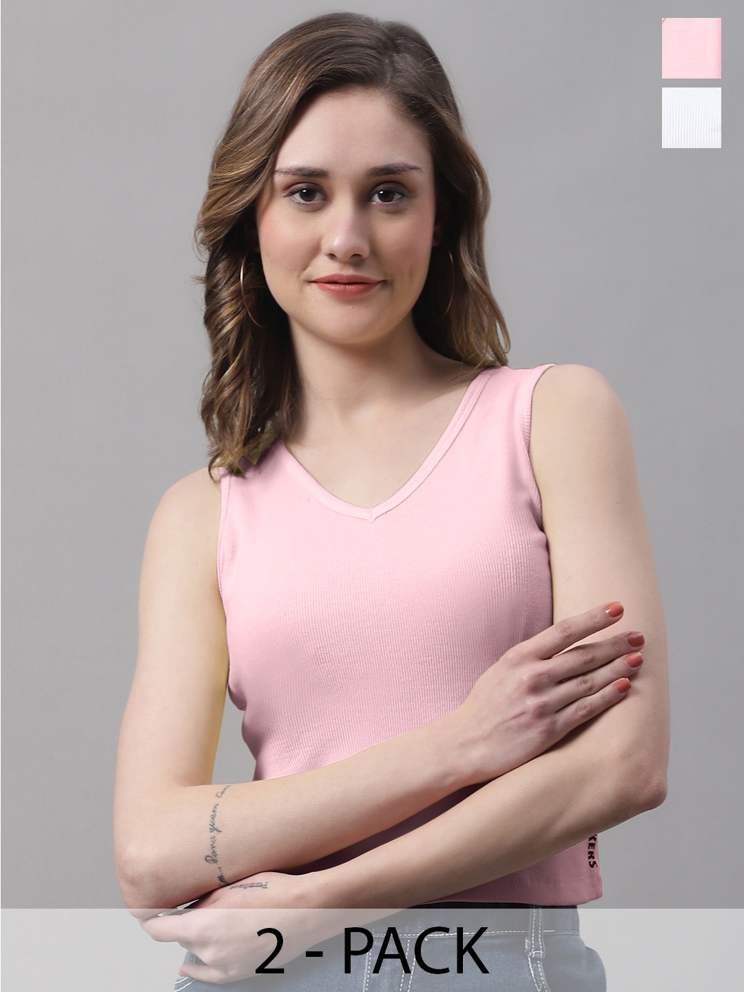 

FBAR Pack Of 2 Ribbed V-Neck Sleeveless Fitted Cotton Top, White