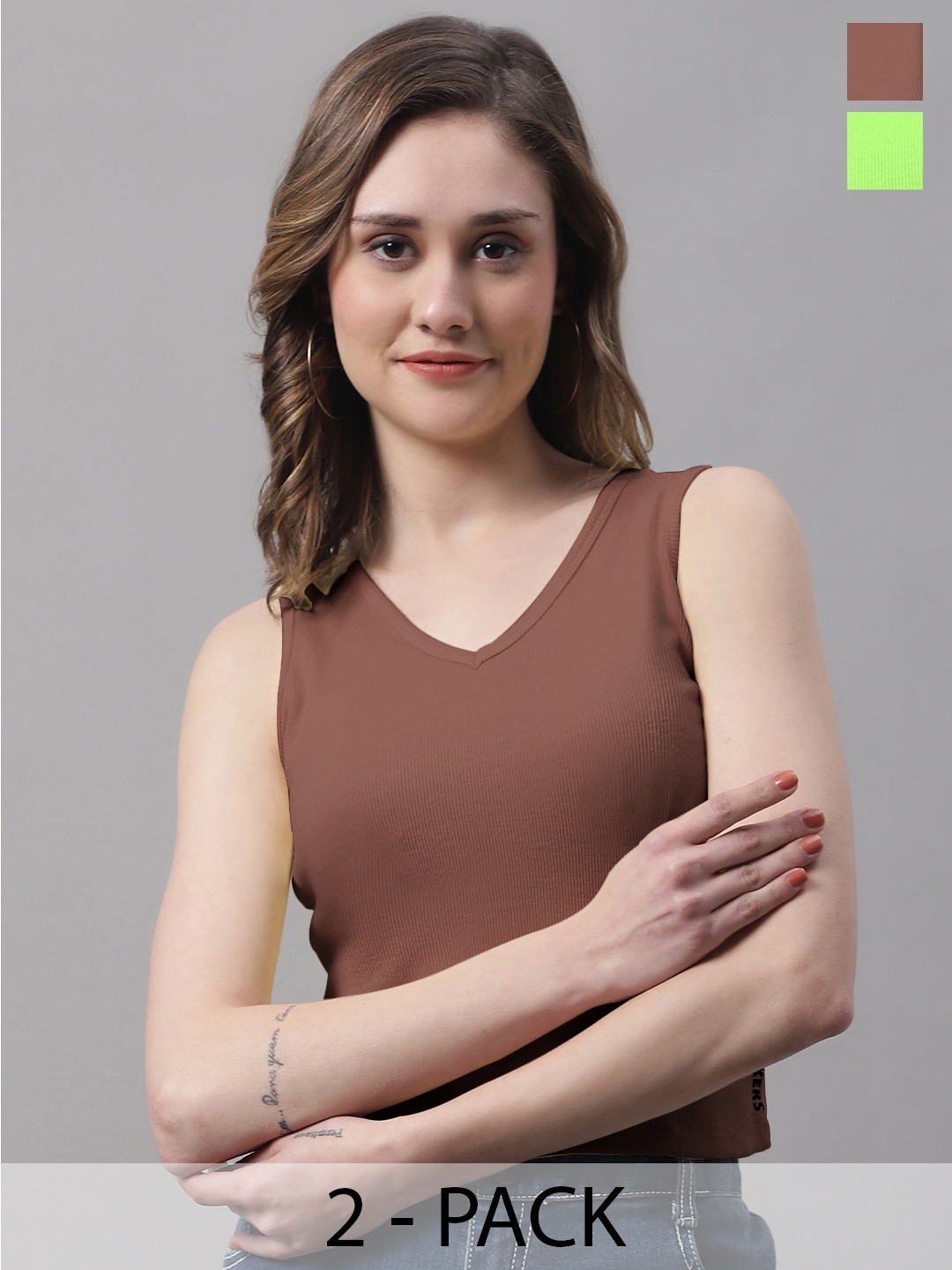 

FBAR Pack Of 2 Ribbed V-Neck Sleeveless Fitted Cotton Top, Green