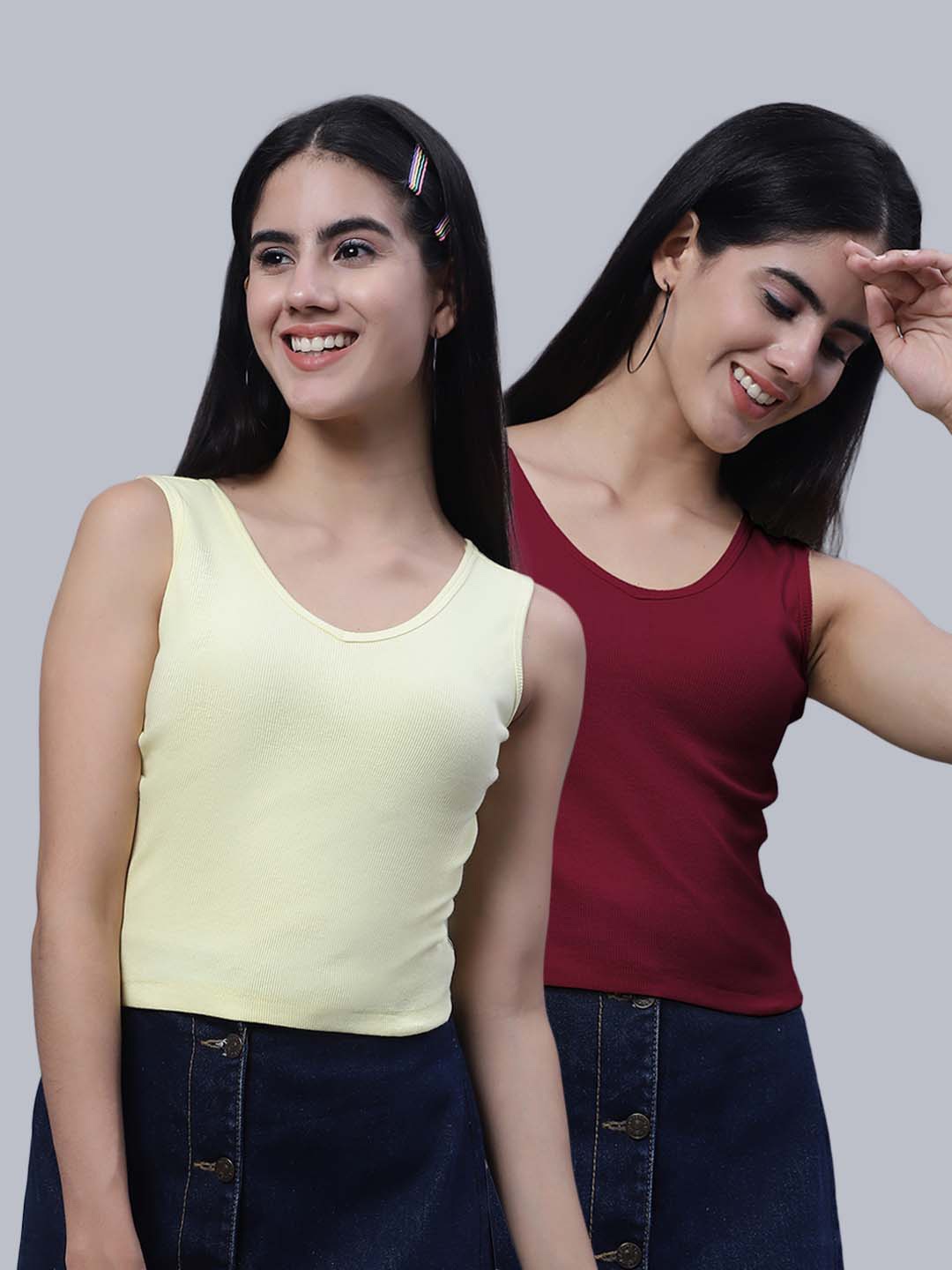 

FBAR Pack Of 2 Scoop Neck Sleeveless Ribbed Cotton Crop Tops, Yellow