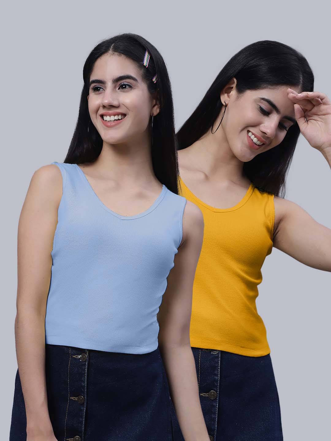 

FBAR Pack Of 2 Scoop Neck Sleeveless Ribbed Cotton Crop Tops, Blue