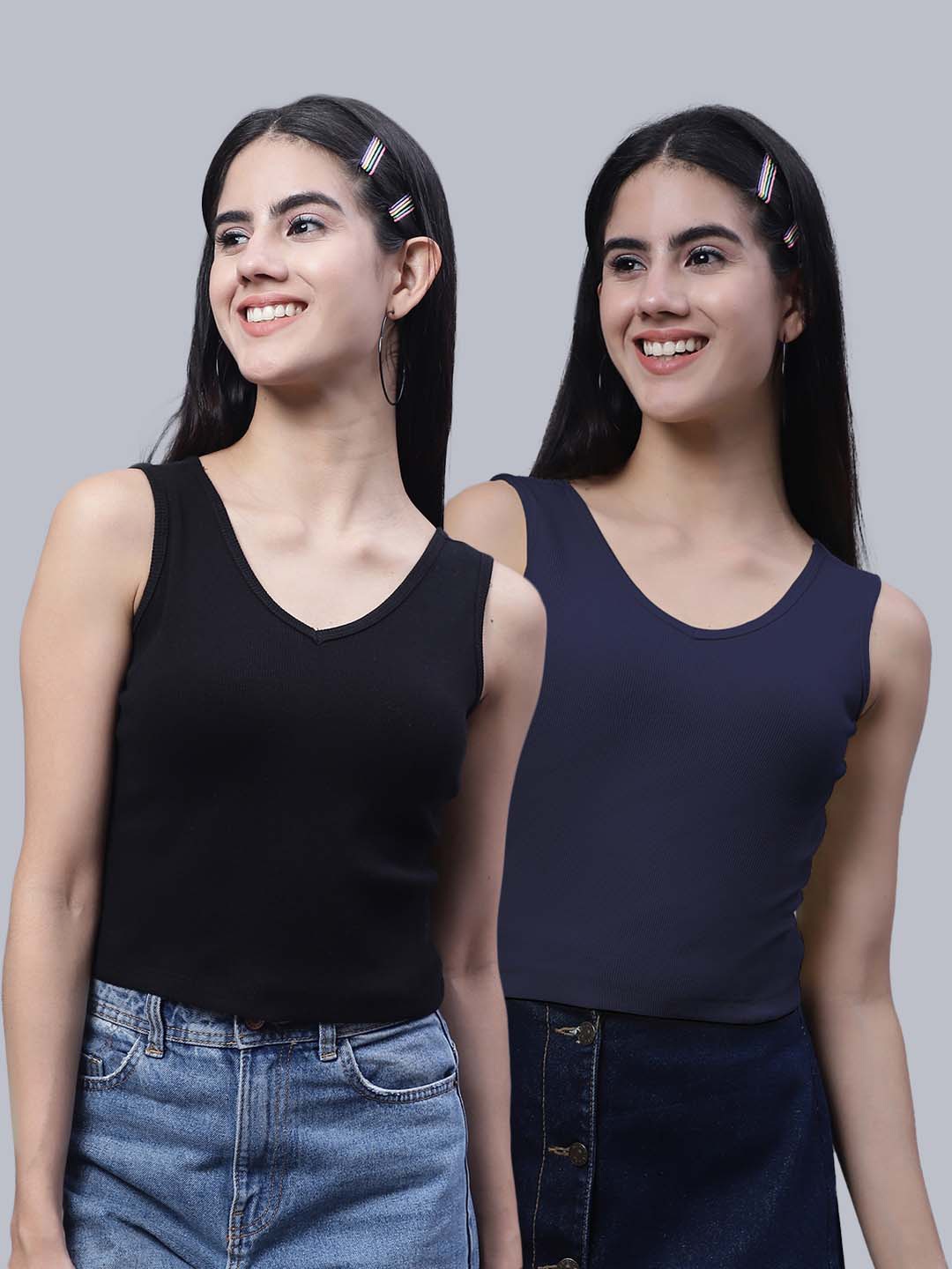 

FBAR Pack Of 2 V-Neck Sleeveless Ribbed Cotton Crop Tops, Black
