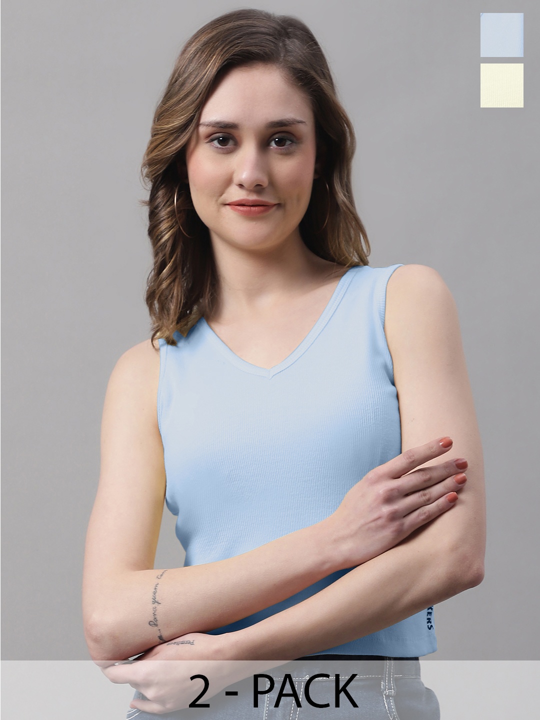 

FBAR Pack Of 2 Ribbed V-Neck Sleeveless Fitted Cotton Top, Yellow