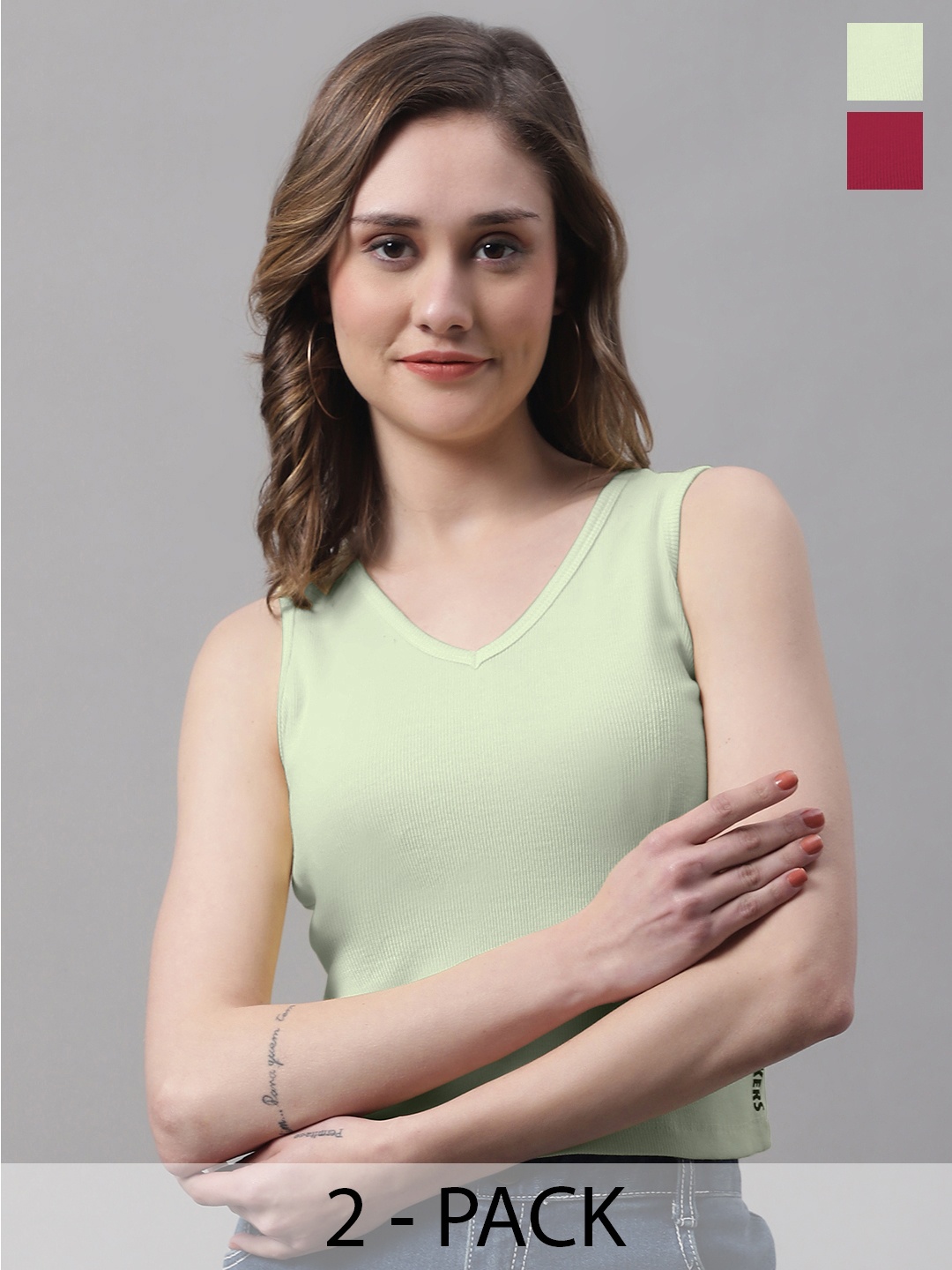 

FBAR Pack Of 2 Ribbed V-Neck Sleeveless Fitted Cotton Top, Maroon
