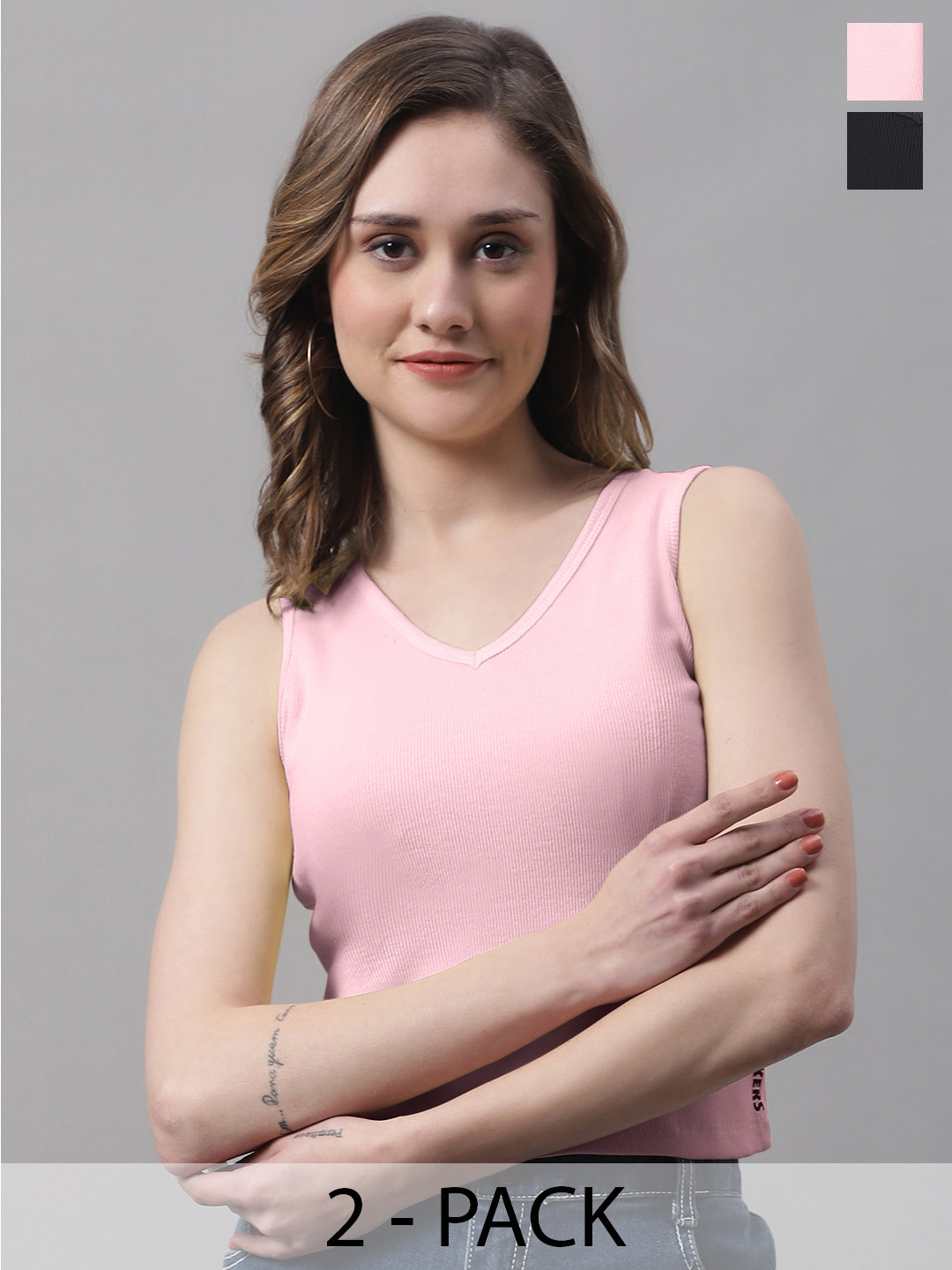 

FBAR Pack Of 2 Ribbed V-Neck Sleeveless Fitted Cotton Top, Black