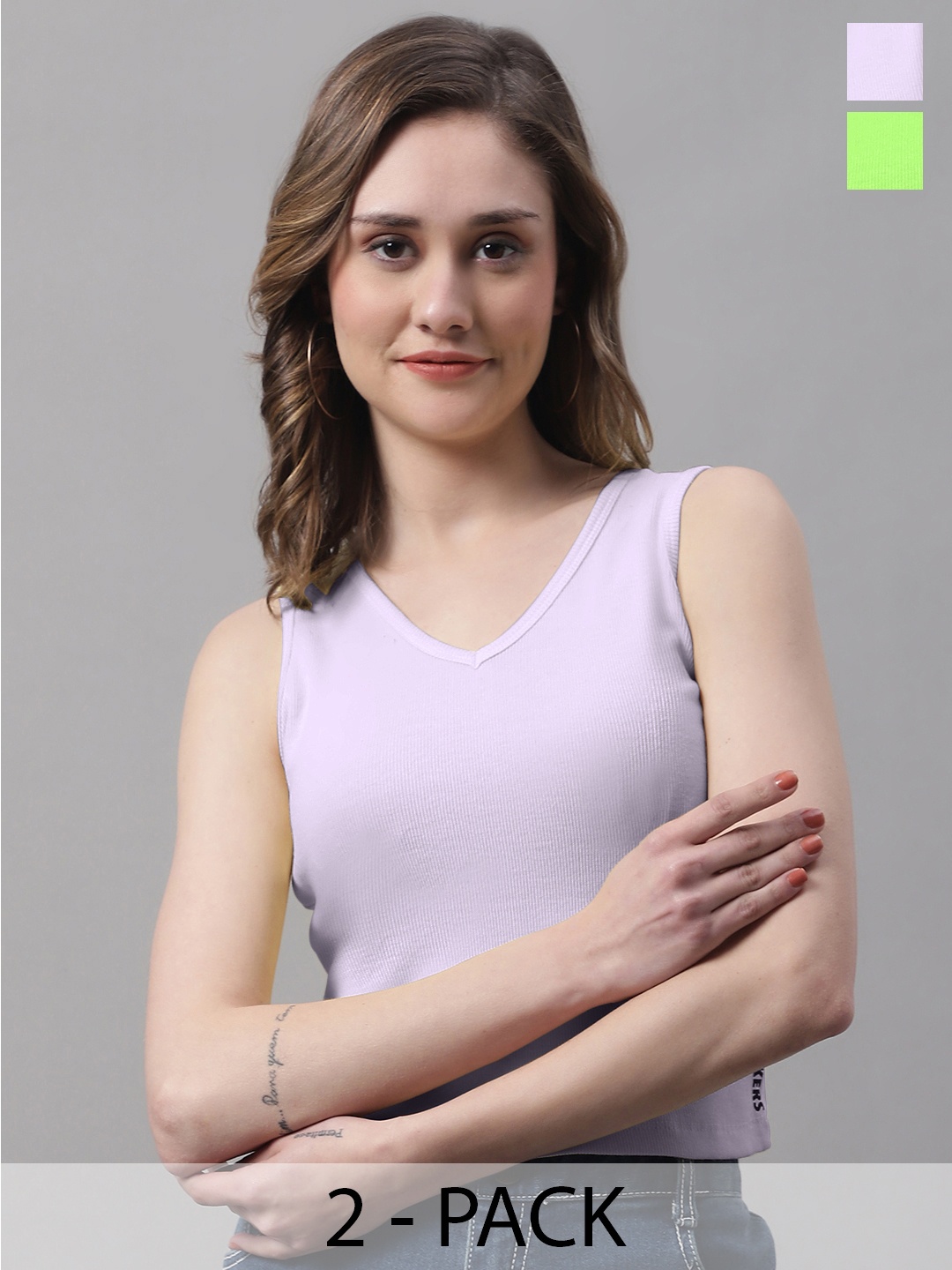 

FBAR Pack Of 2 Ribbed V-Neck Sleeveless Fitted Cotton Top, Green