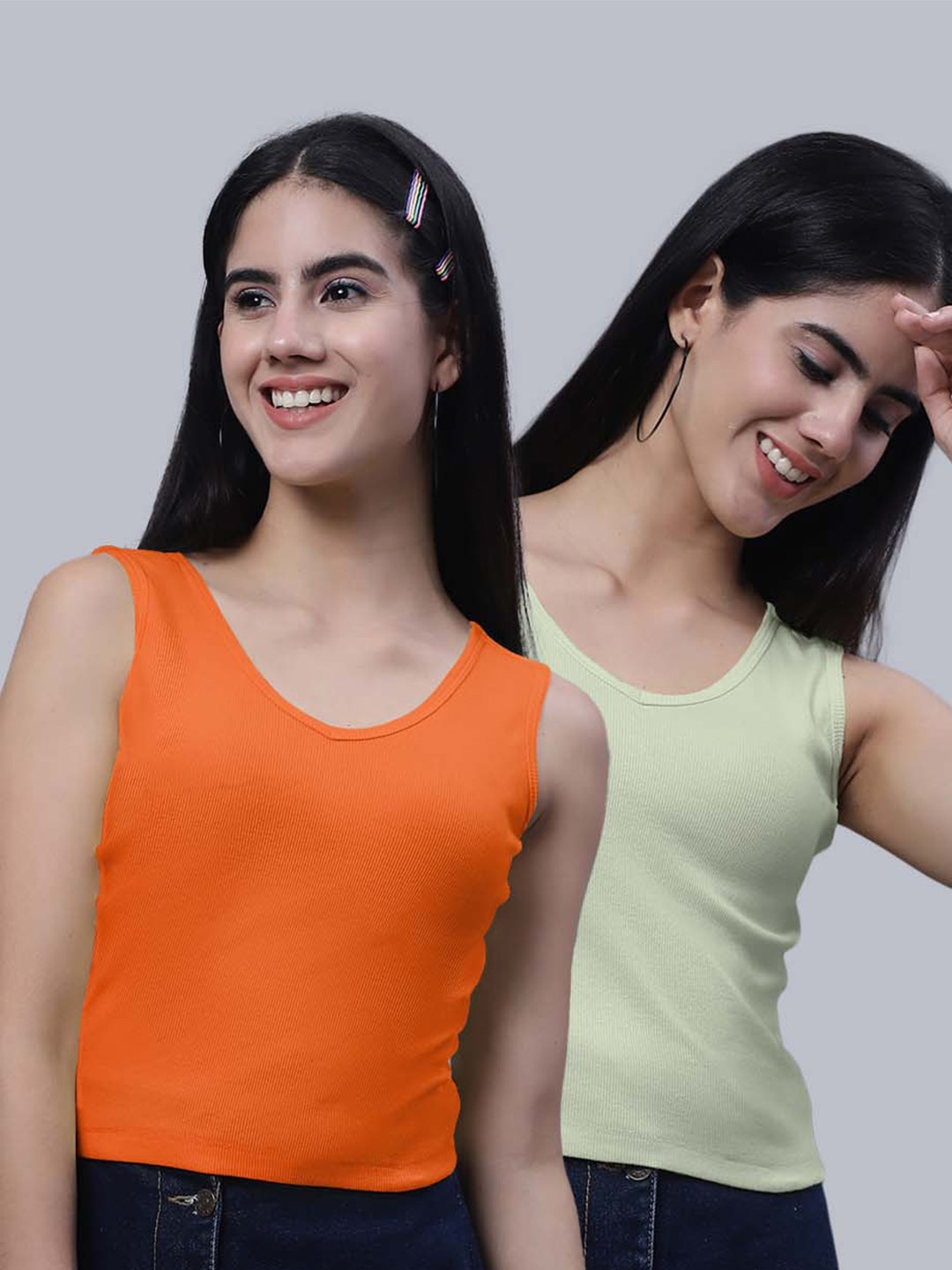 

FBAR Pack Of 2 Scoop Neck Sleeveless Ribbed Cotton Crop Tops, Orange