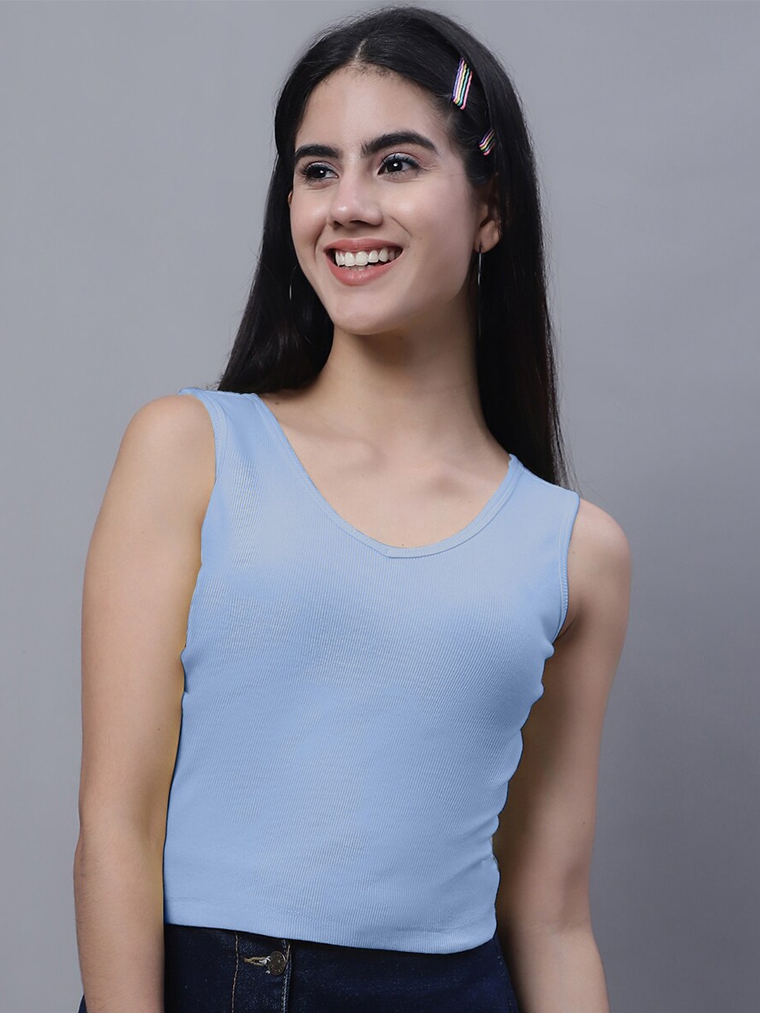 

FBAR V-Neck Cotton Crop Top, Turquoise blue