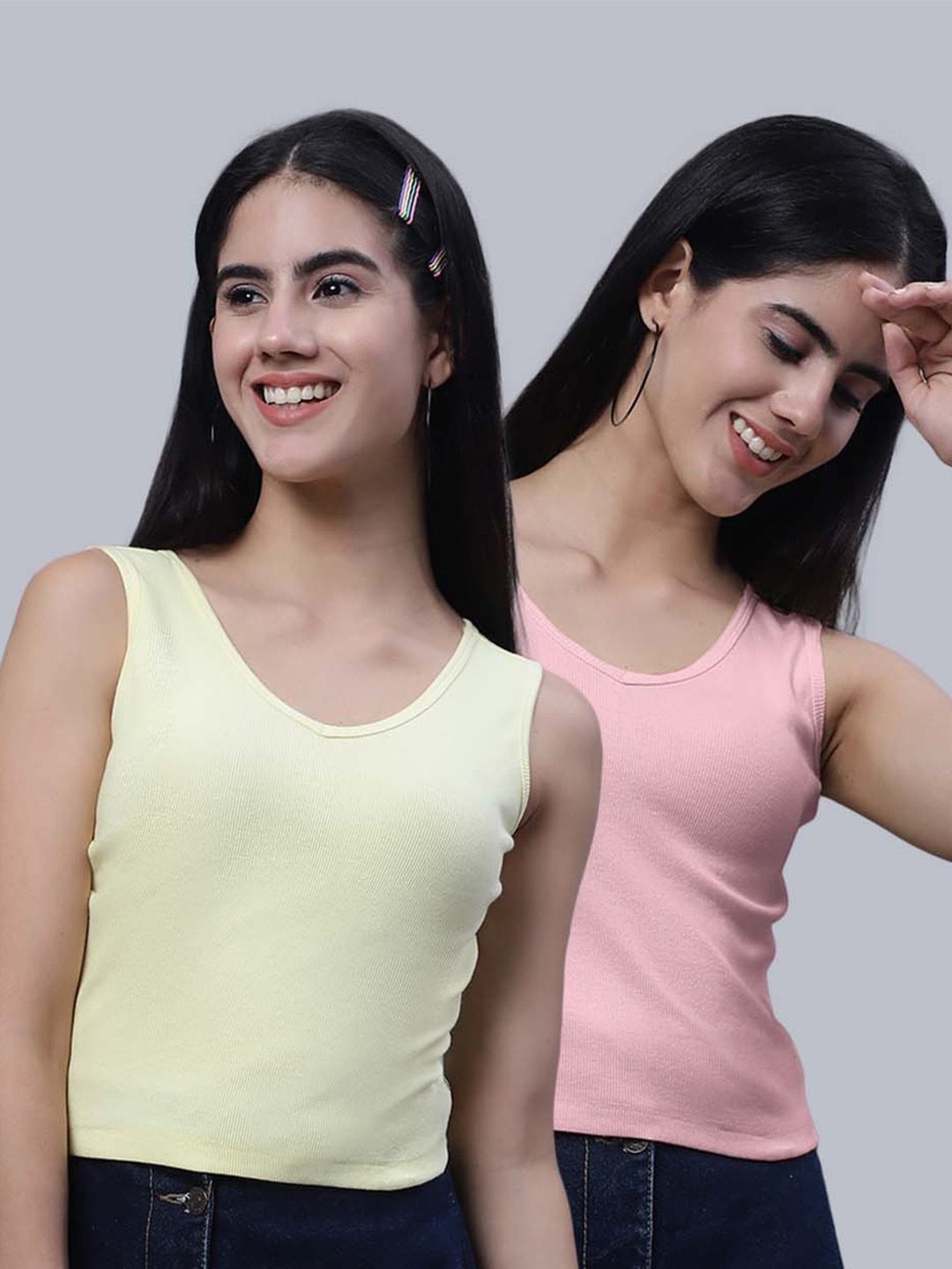 

FBAR Pack Of 2 Scoop Neck Sleeveless Ribbed Cotton Crop Tops, Yellow