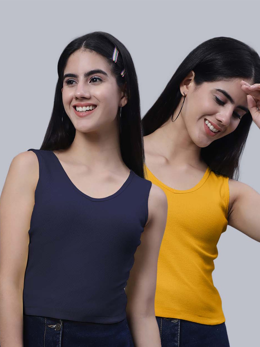 

FBAR Pack Of 2 V-Neck Cotton Crop Top, Navy blue