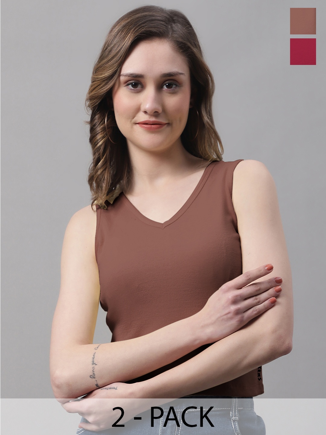 

FBAR Pack Of 2 Ribbed V-Neck Sleeveless Fitted Cotton Top, Maroon