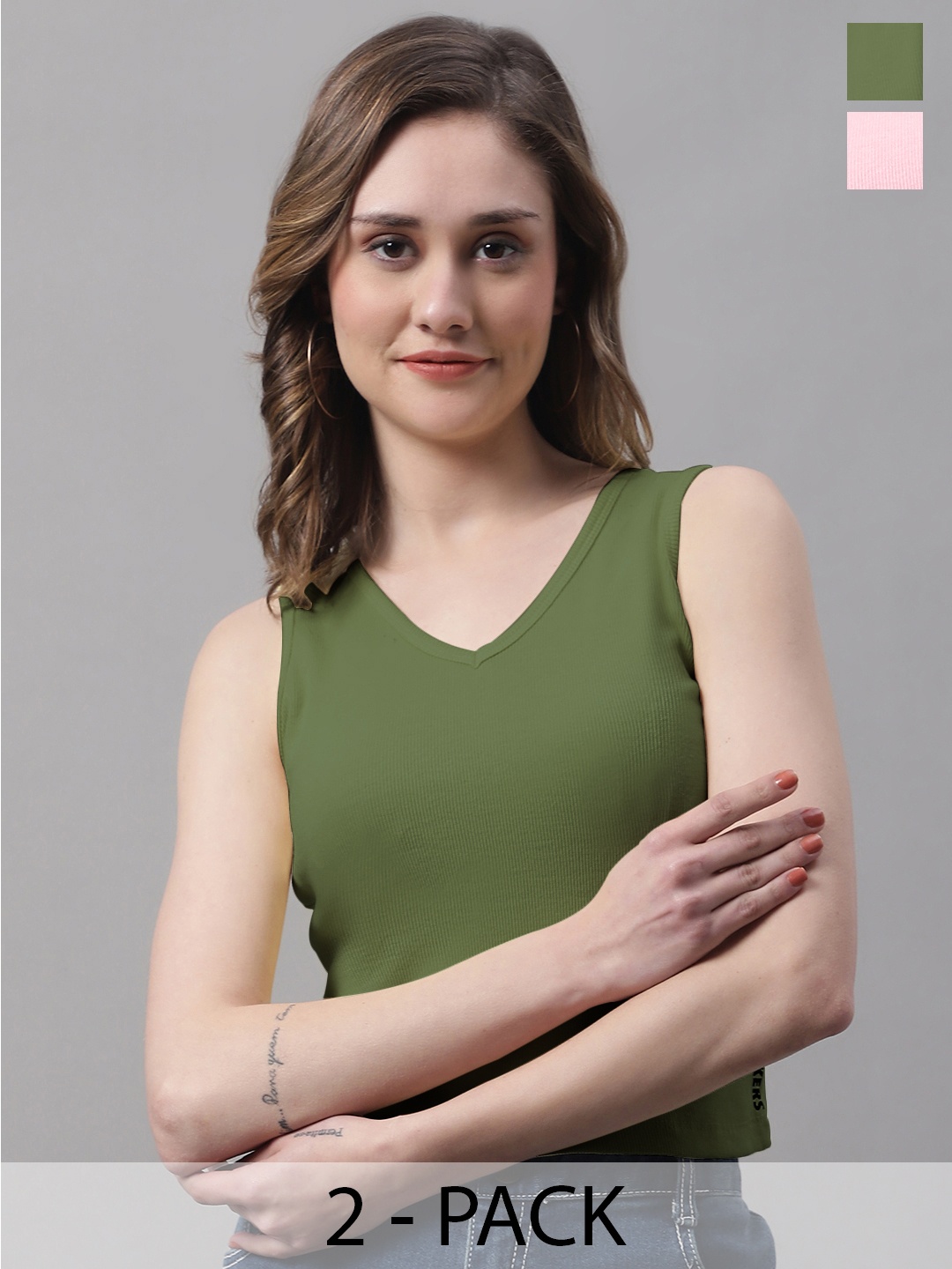 

FBAR Pack Of 2 Ribbed V-Neck Sleeveless Fitted Cotton Top, Pink