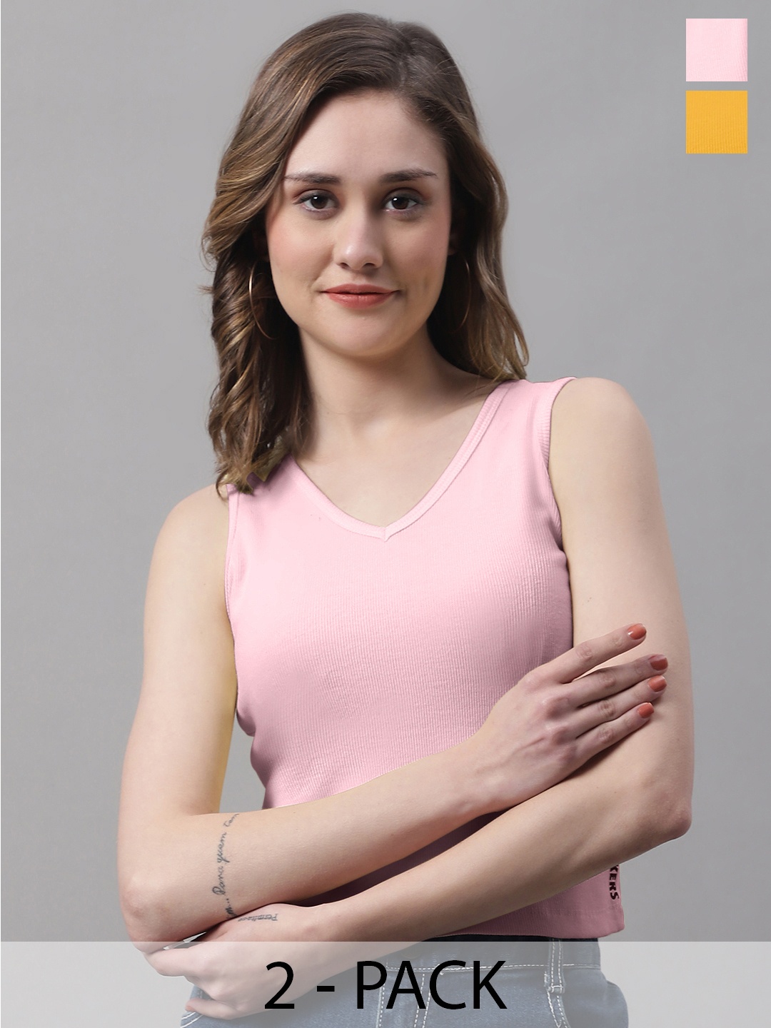 

FBAR Pack Of 2 Ribbed V-Neck Sleeveless Fitted Cotton Top, Yellow