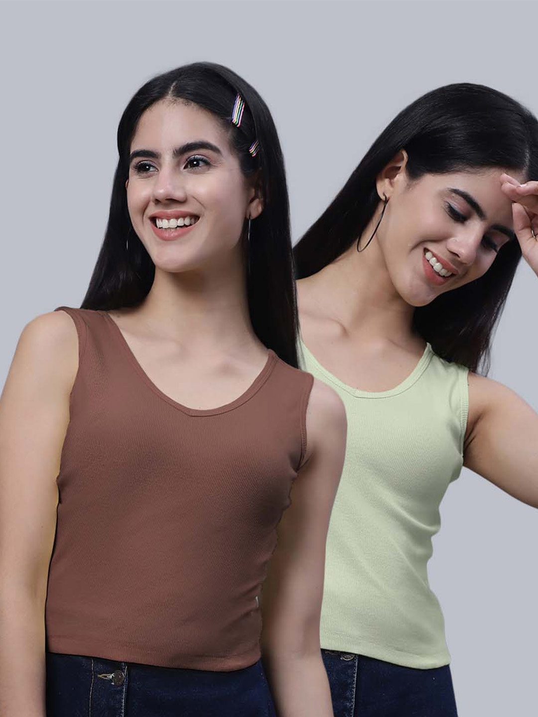 

FBAR Pack Of 2 Scoop Neck Sleeveless Ribbed Cotton Crop Tops, Brown