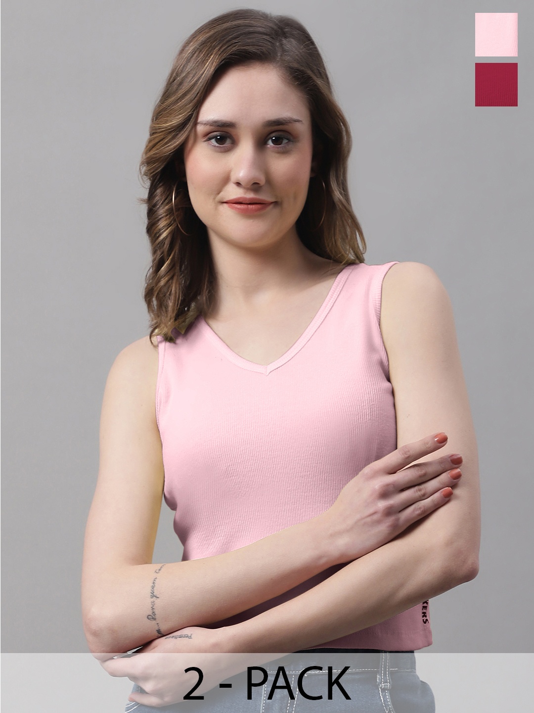 

FBAR Pack Of 2 Ribbed V-Neck Sleeveless Fitted Cotton Top, Maroon