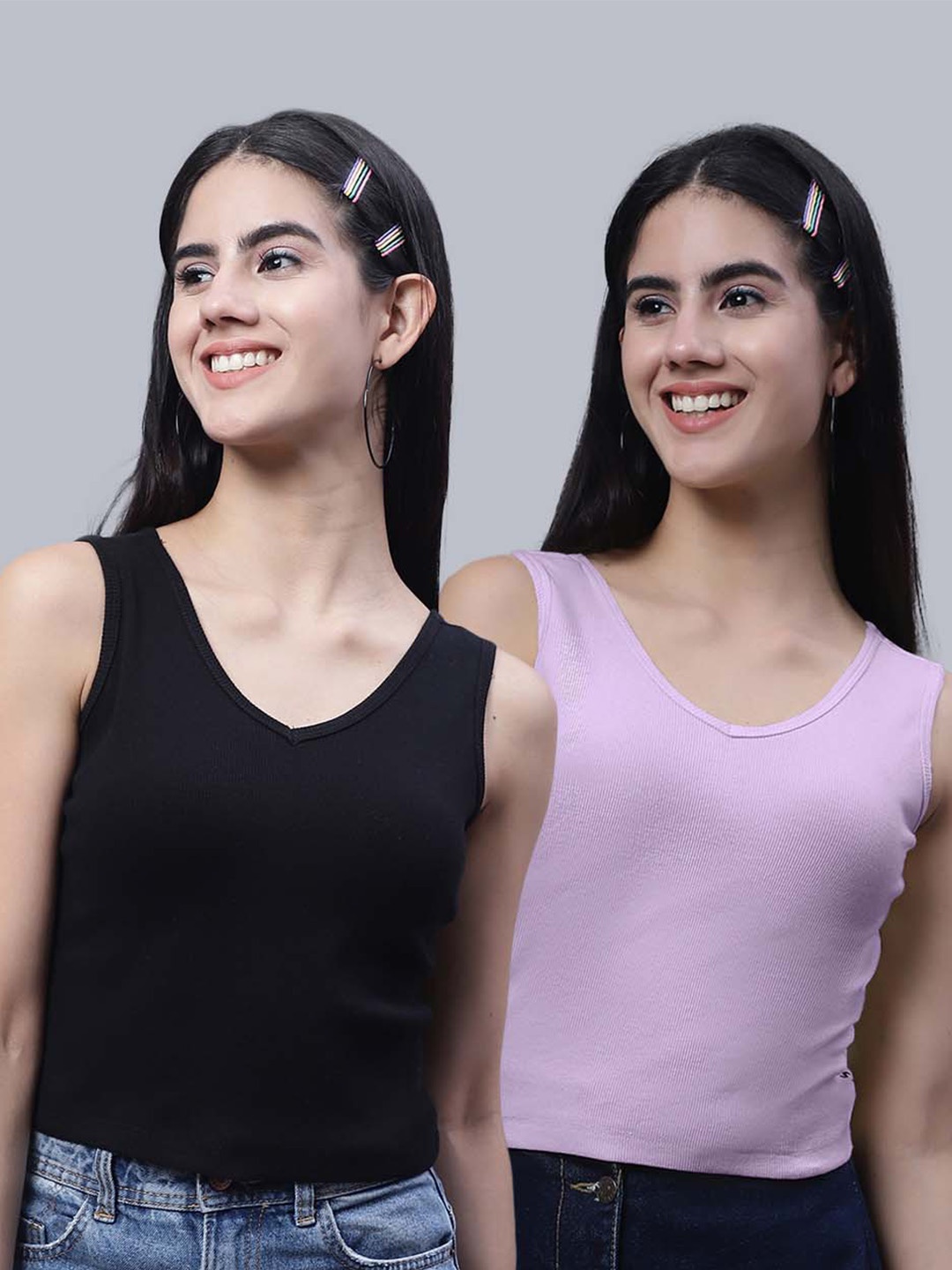 

FBAR Pack Of 2 V-Neck Cotton Crop Top, Black