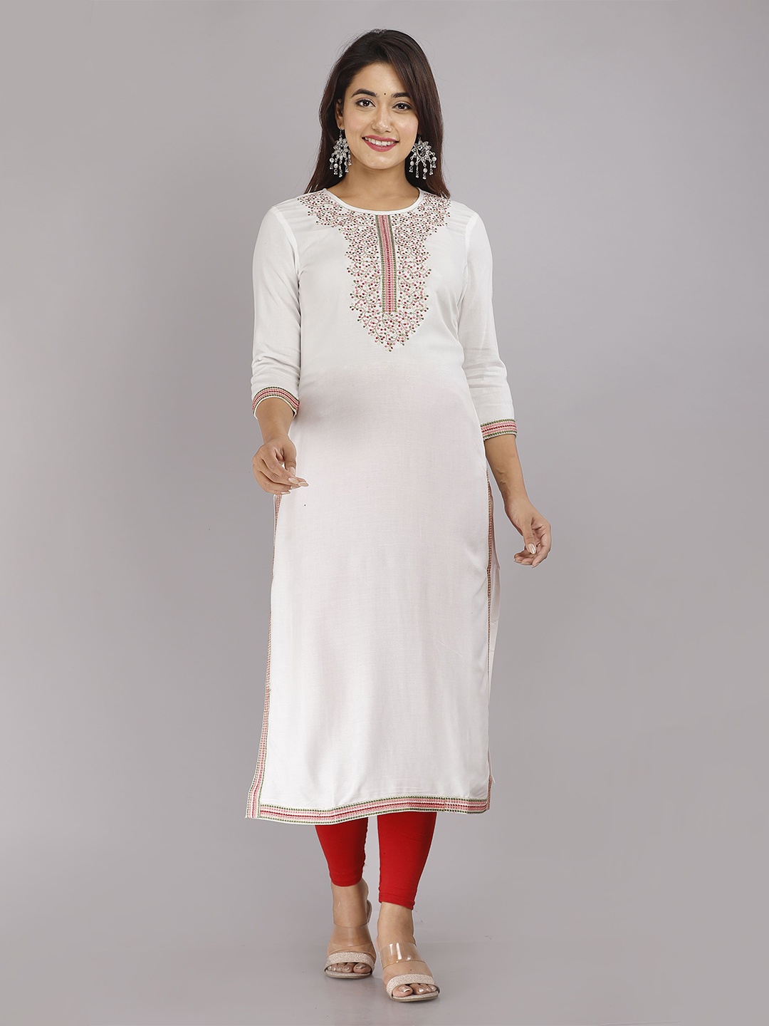 

KALINI Floral Yoke Design Thread Work Detail Straight Kurta, White