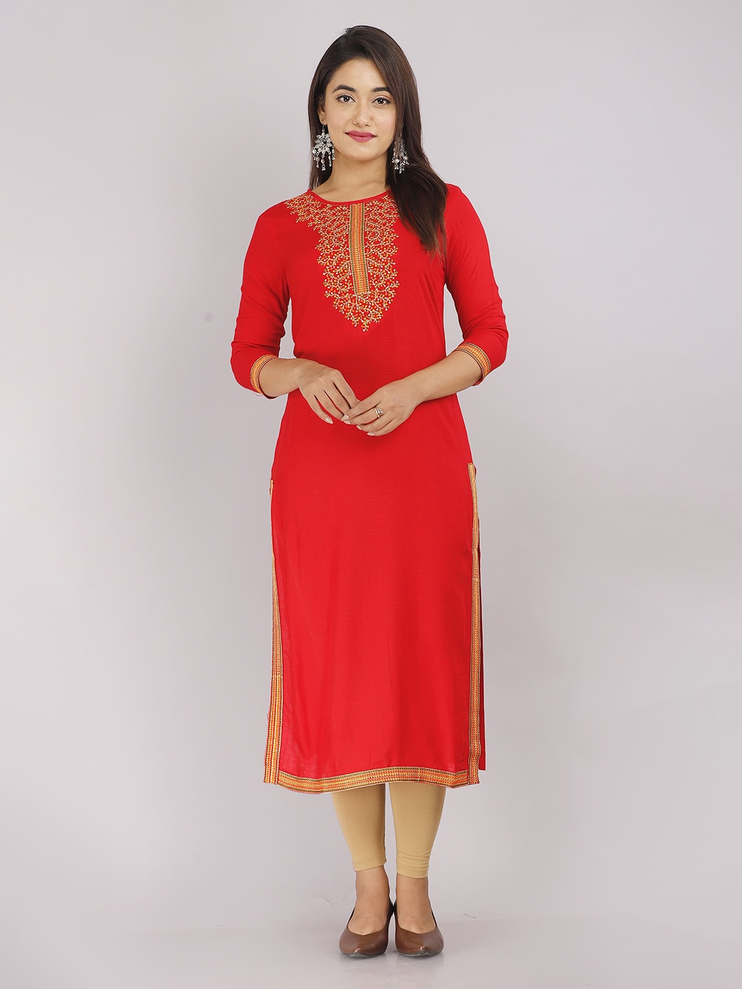 

KALINI Floral Yoke Design Thread Work Straight Kurta, Red