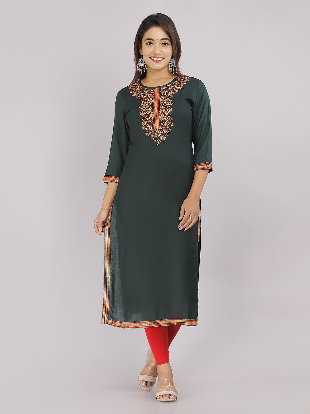 

KALINI Yoke Design Thread Work Detail Straight Kurta, Green