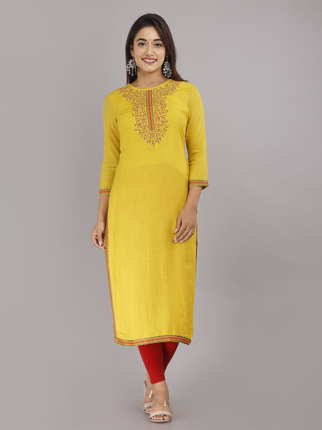 

KALINI Yoke Design Thread Work Detail Straight Kurta, Yellow