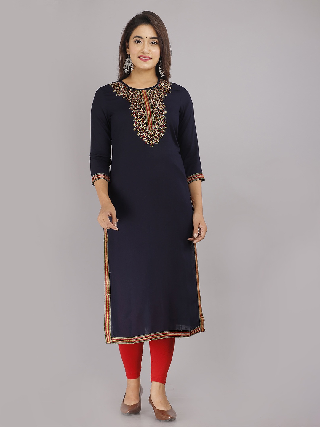 

KALINI Yoke Design Thread Work Detail Straight Kurta, Navy blue