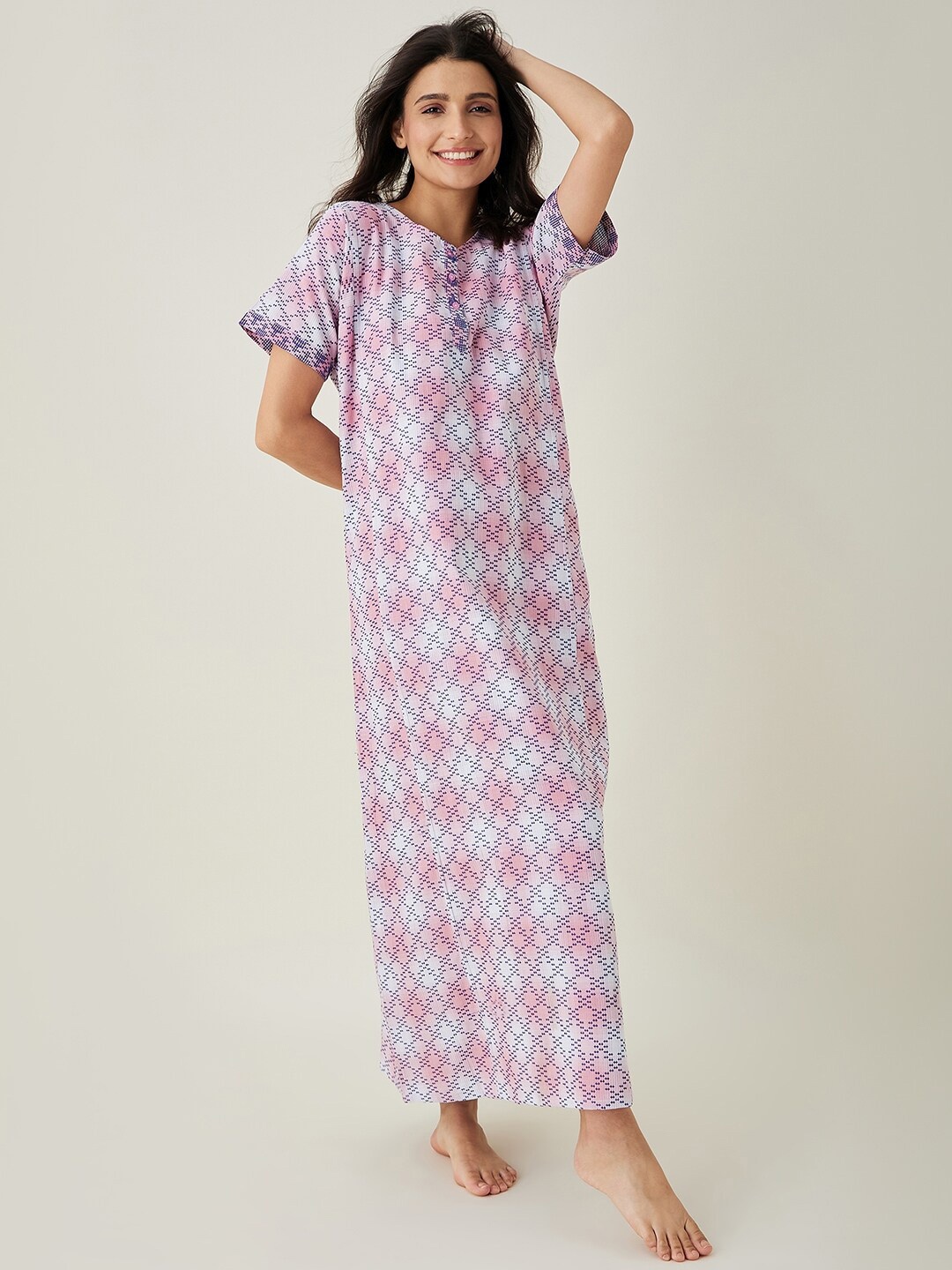 

The Kaftan Company Pink And Purple Abstract Printed Pure Cotton Maxi Nightdress