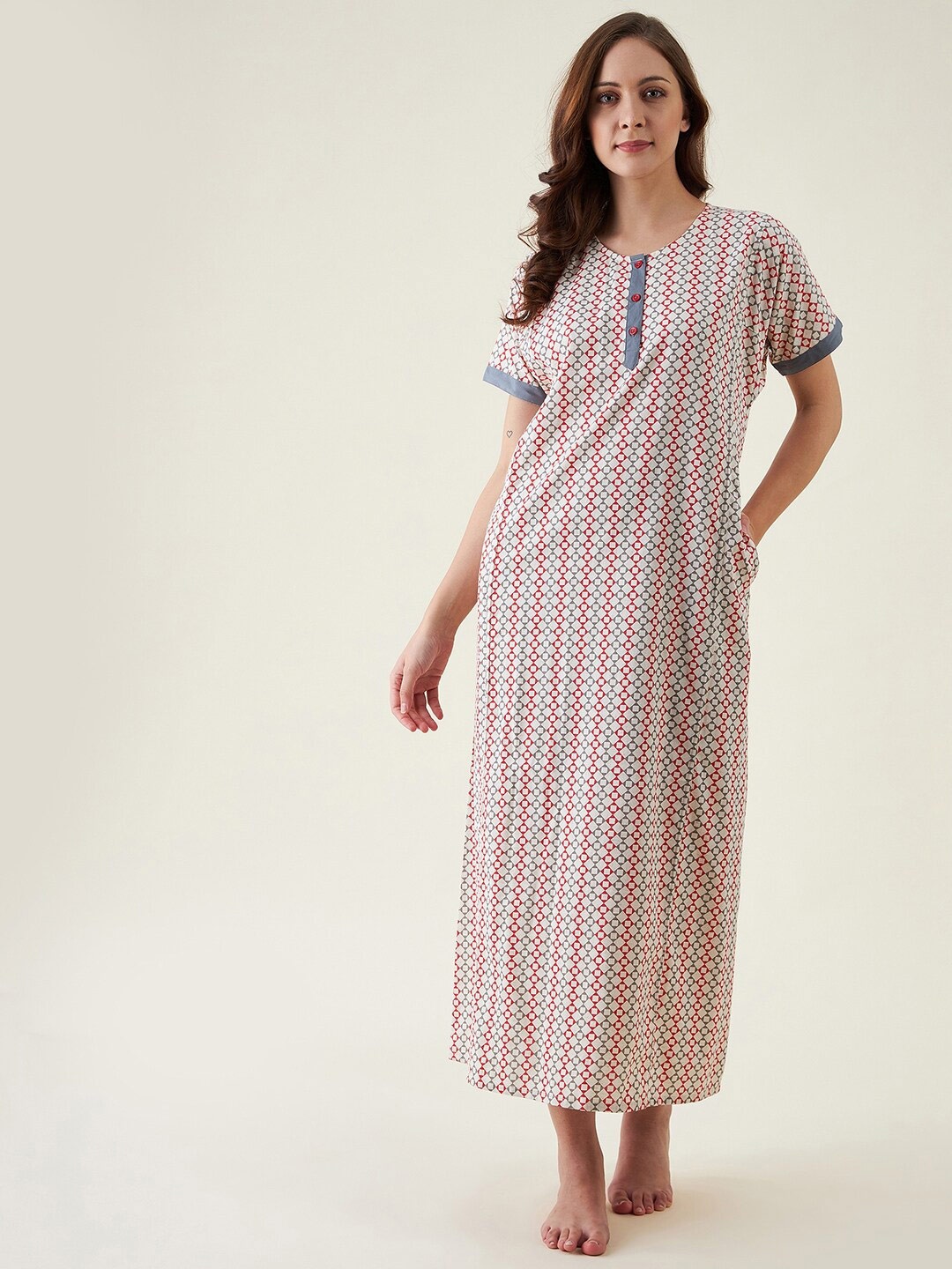 

The Kaftan Company Off White, Grey And Red Geometric Printed Pure Cotton Maxi Nightdress