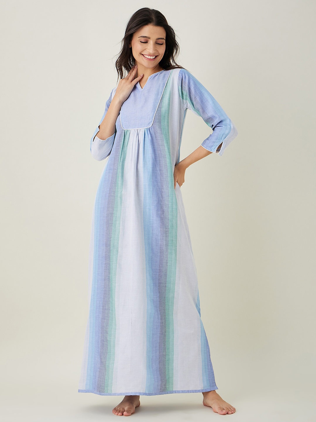

The Kaftan Company Blue And White Striped Pure Cotton Maxi Nightdress
