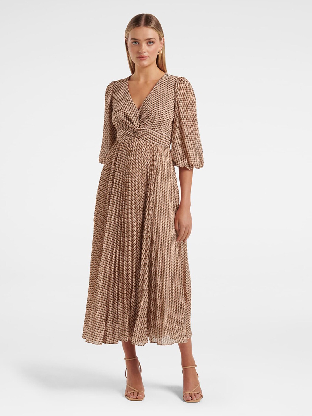 

Forever New Geometric Printed Puff Sleeves Gathered Fit & Flare Midi Dress, Beige