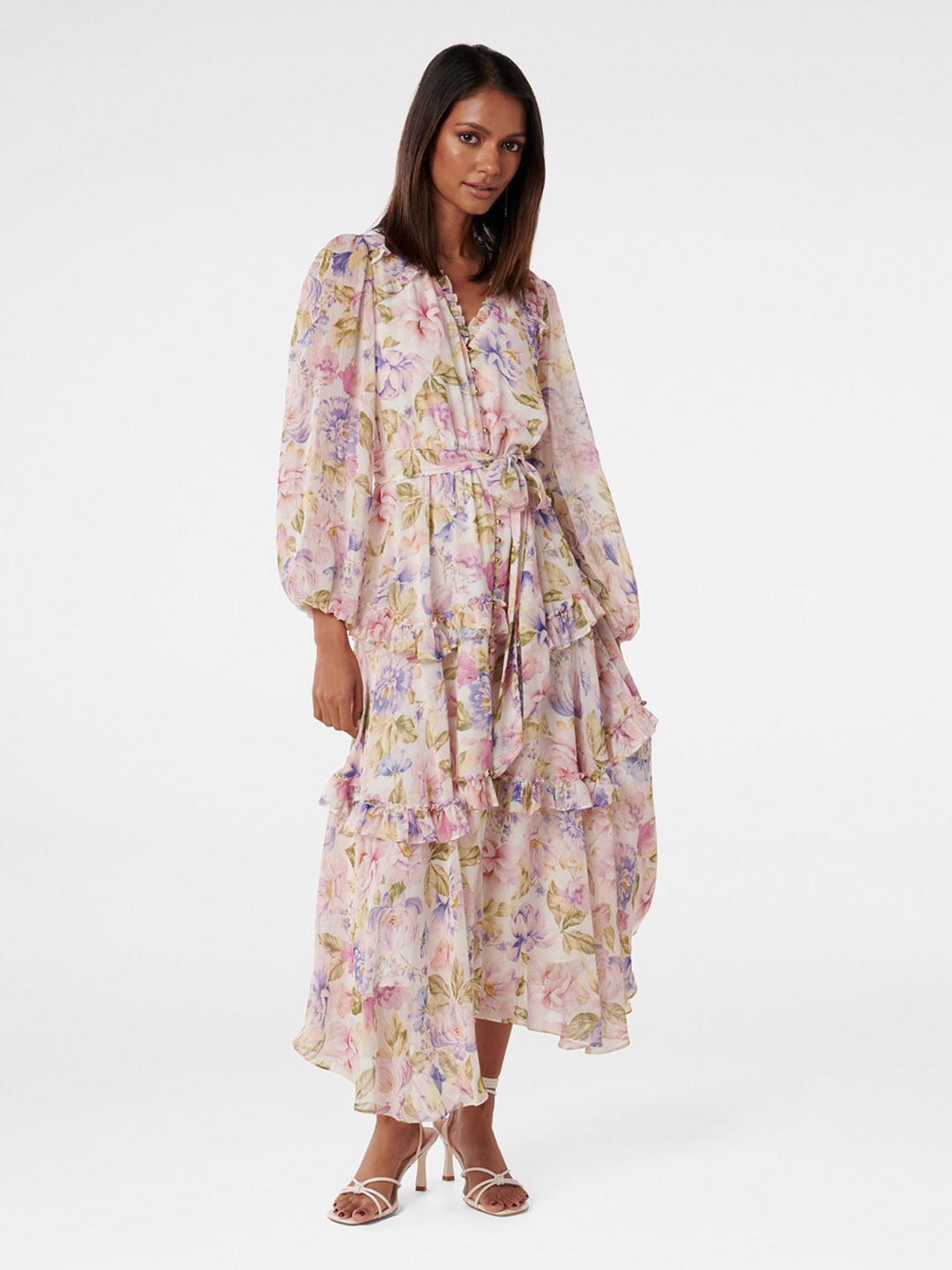 

Forever New Floral Printed V-Neck Puff Sleeves Gathered Fit & Flare Dress, White