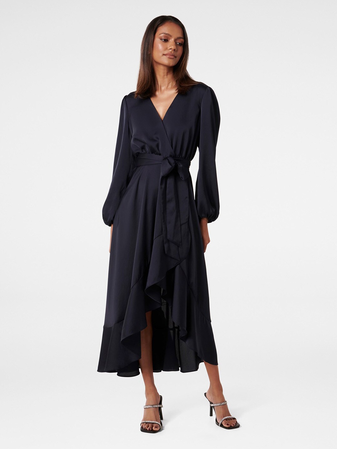 

Forever New V-Neck Cuffed Sleeves Gathered Wrap Midi Dress, Black