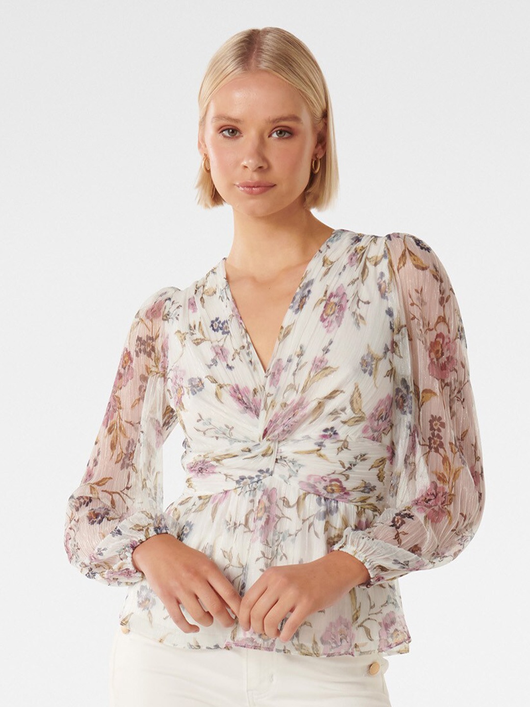 

Forever New Floral Printed Twisted Front Detail Peplum Top, Off white