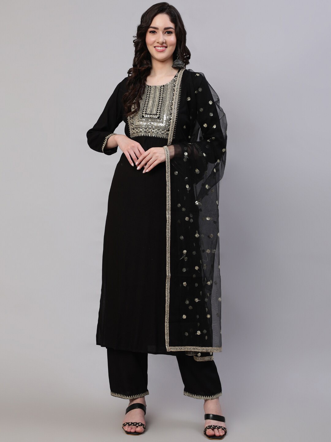 

Nayo Embroidered Kurta With Palazzos & Dupatta, Black