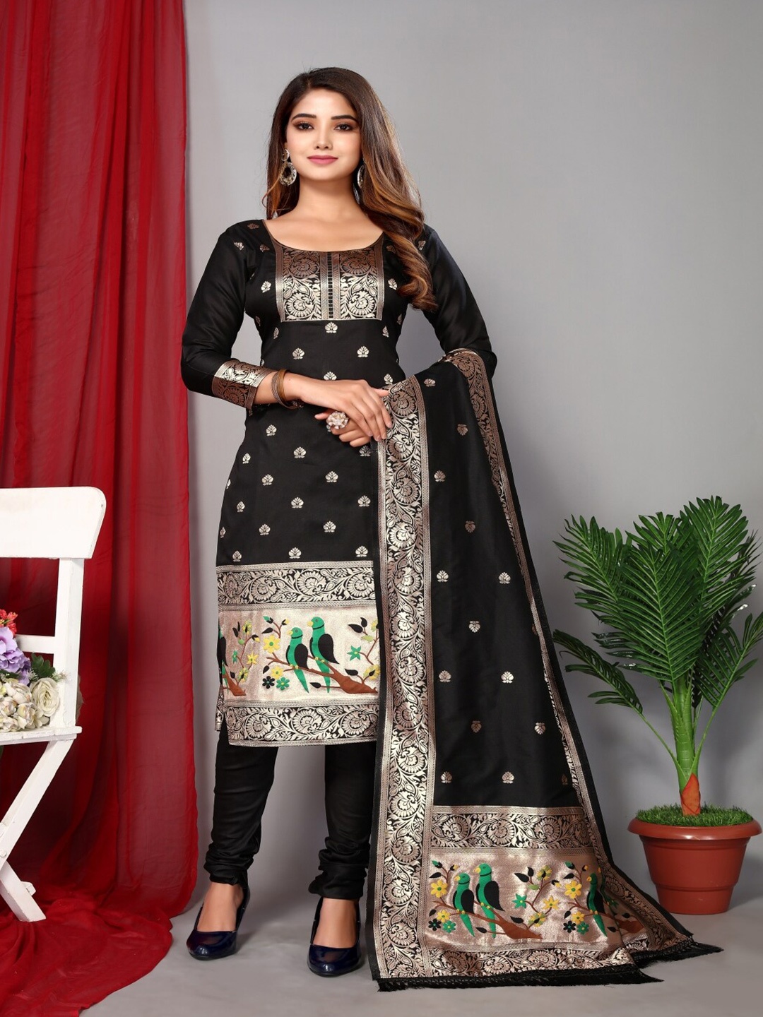 

Paramparik Textile Unstitched Dress Material, Black