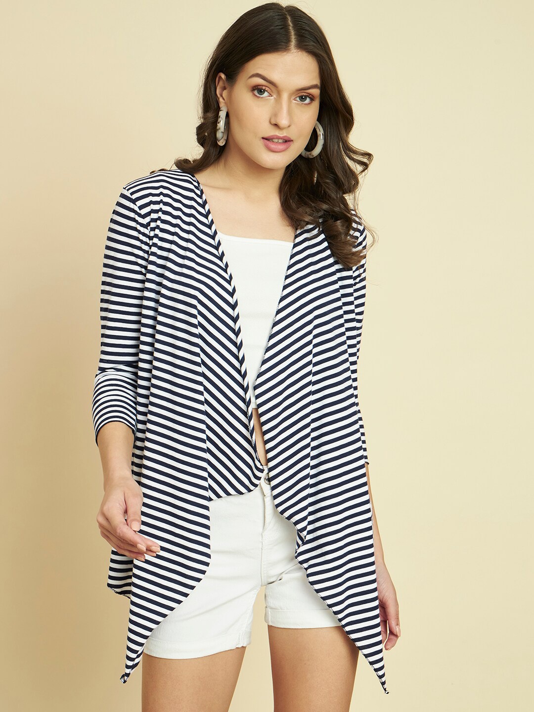 

Trend Arrest Horizontal Striped Open Front Cotton Shrug, White