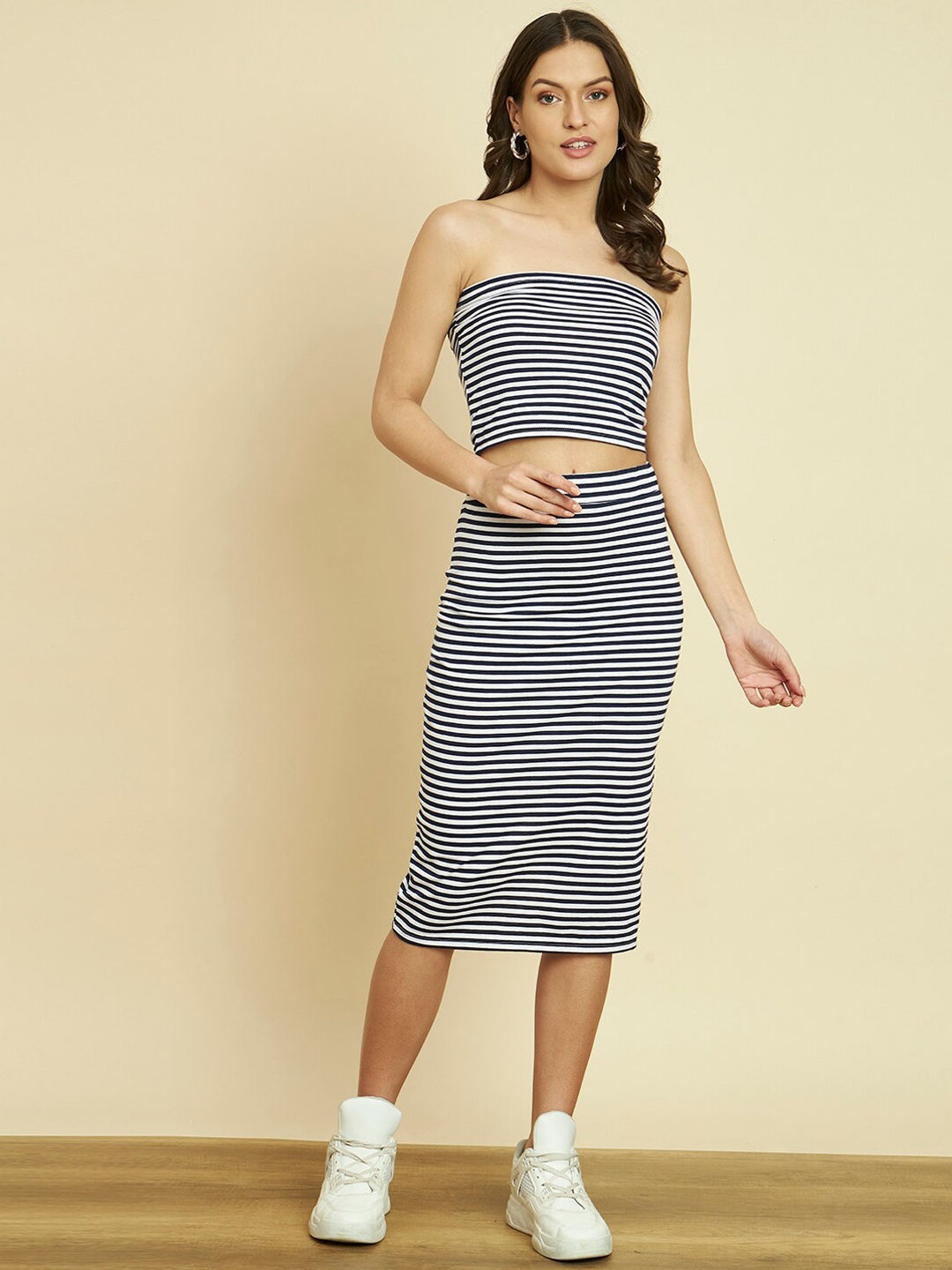 

Trend Arrest Striped Pure Cotton Top With Skirt, White