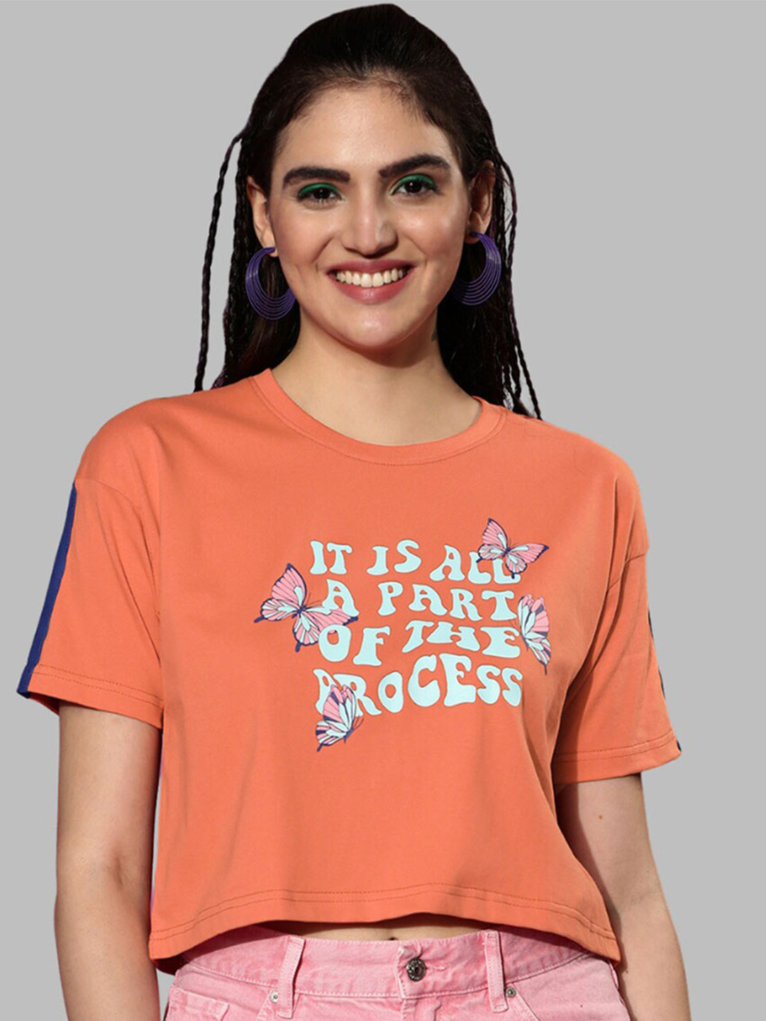 

JUNEBERRY Orange Print Extended Sleeves Cotton Crop Top