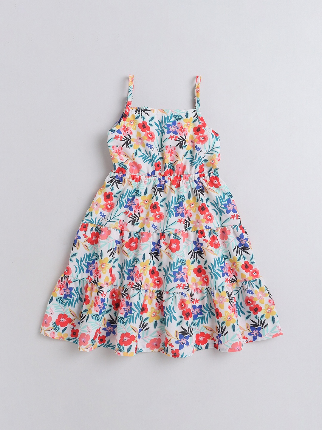 

taffykids Girls Floral Printed Cut-Out Tiered Back tie Up Shoulder Strap A-Line Dress, Red