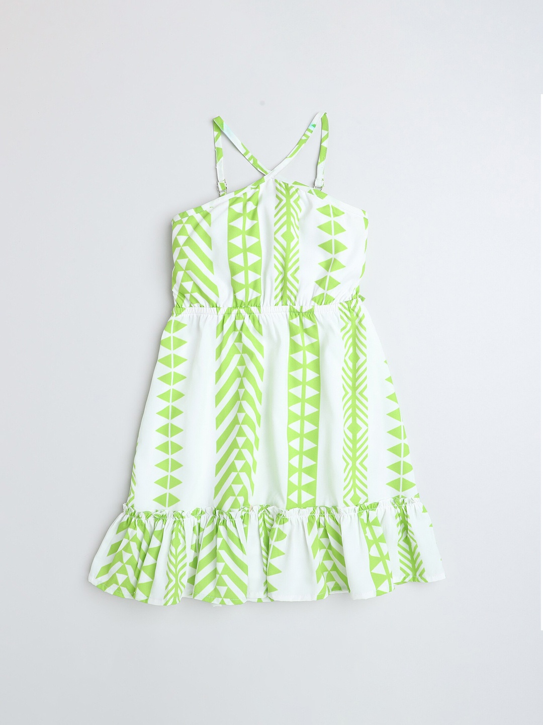 

taffykids Girls Geometric Printed Cut-Out Back tie Up Shoulder Strap A-Line Dress, Green