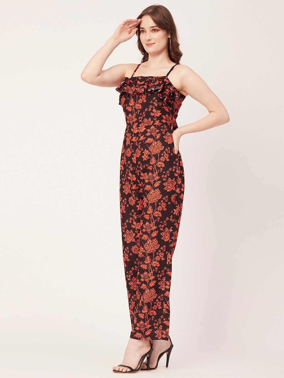 

Moomaya Floral Printed Shoulder Strap Basic Jumpsuit, Black