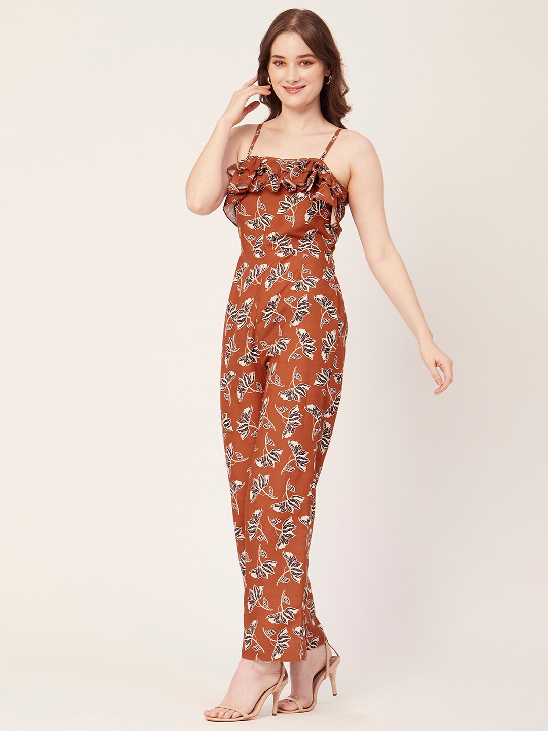 

Moomaya Floral Printed Shoulder Straps Frilled Adjustable Jumpsuit, Orange