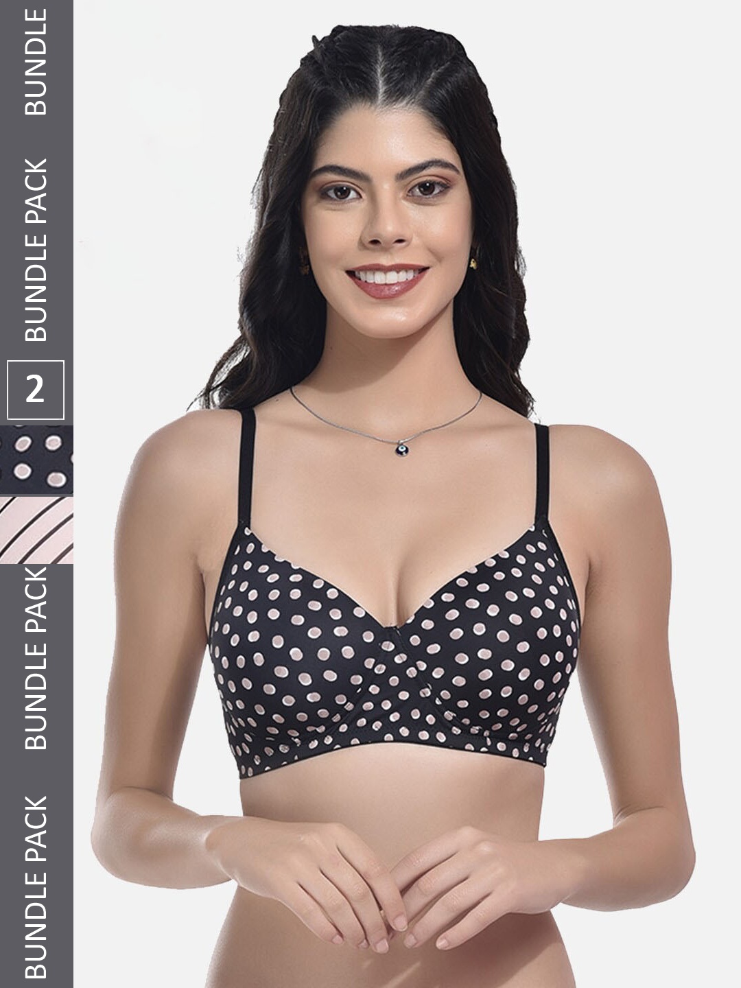 

StyFun Pack Of 2 Polka Dots Printed Full Coverage Lightly Padded All Day Comfort Bra, Black