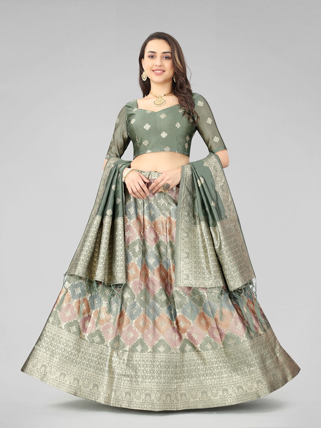 

JATRIQQ Woven Design Semi-Stitched Organza Lehenga Choli With Dupatta, Olive